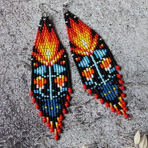 Fire Floral Beaded Earrings: Seed Bead Jewelry, Boho Dangle Fringe