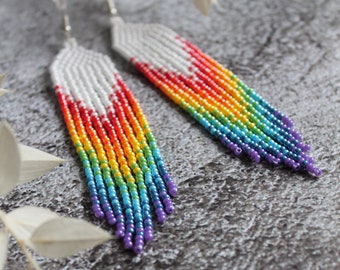 Rainbow beaded earrings Gradient dangle earrings Fringe earrings Seed bead earring Beadwork earring Long earring Luxury earring Boho jewelry