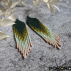 Green beige beaded earrings Fringe gradient earrings Ombre boho earrings Dangle seed bead earrings Beadwork earrings Long luxury earrings