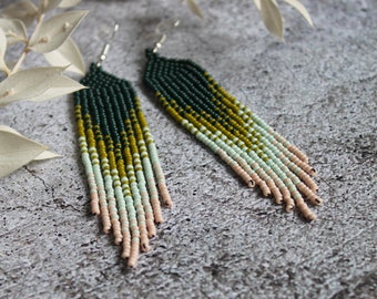 Green beige beaded earrings Fringe gradient earrings Ombre boho earrings Dangle seed bead earrings Beadwork earrings Long luxury earrings