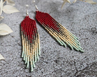 Dark red beaded earrings Fringe beige earrings Ombre boho earrings Seed bead earrings Beadwork earrings Long luxury earrings Dangle jewelry