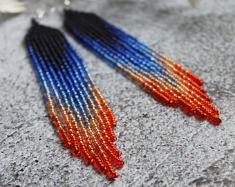 Dark blue orange beaded earrings Seed bead earrings Fringe earrings Shining ombre earring Beadwork earring Extra long earring Luxury jewelry