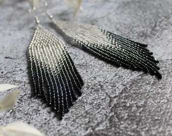 Silver luxury beaded earrings Fringe seed bead earrings Shining gray earrings Beadwork earrings Long earrings Evening earrings Boho jewelry