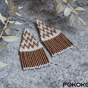 White & Gold Beaded Dangle Earrings: Geometric Boho Fringe