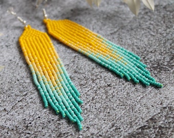 Yellow turquoise beaded earrings Fringe beadwork earrings Seed bead earrings Long earrings Ombre earrings Dangle jewelry Chandelier earrings