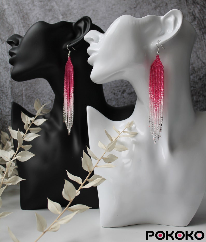 Pink white seed bead earrings Evening silver shining earrings White fringe beaded earrings Long dangle beadwork earring Luxury boho earrings