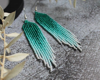 Turquoise seed bead earrings Evening brilliant shining earrings Fringe beaded earrings Long dangle beadwork earrings Boho luxury earrings