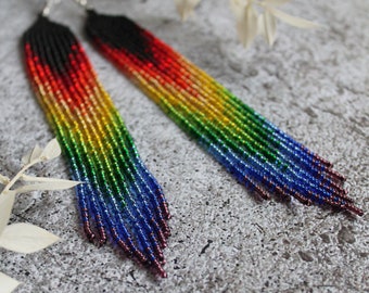 Rainbow beaded earrings Fringe earrings Shining earrings Seed bead earrings Beadwork earrings Extra long earring Luxury earring Boho jewelry