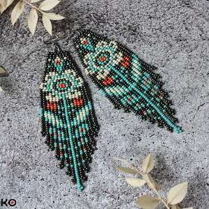 Floral Beaded Dangle Earrings: Czech Glass Seed Beads, Long boho earrings
