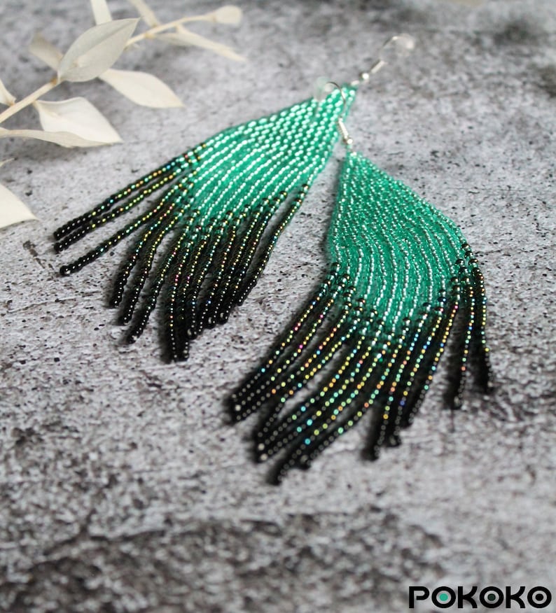 Turquoise shining chic beaded earrings Evening luxury earrings Fringe seed bead earrings Bright beadwork earring Long earrings Boho jewelry