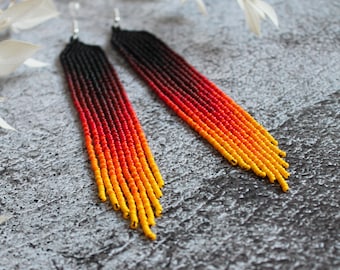 Black red yellow bright beaded earrings Gradient dangle earrings Fringe seed bead earrings Beadwork earring Long earring Luxury boho jewelry