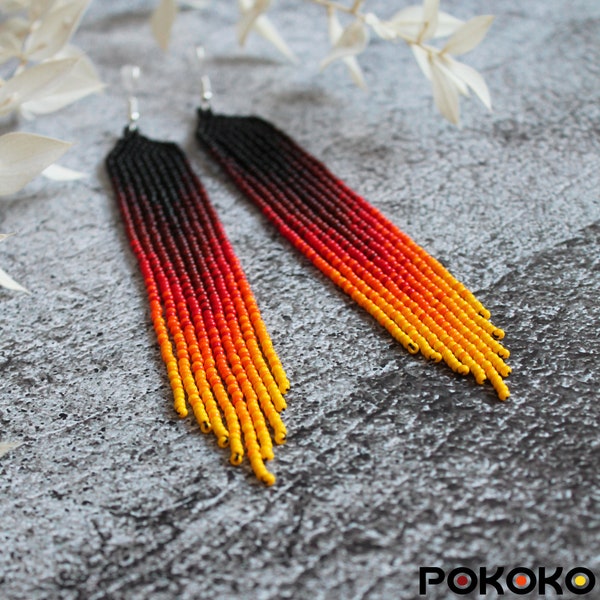 Black red yellow bright beaded earrings Gradient dangle earrings Fringe seed bead earrings Beadwork earring Long earring Luxury boho jewelry