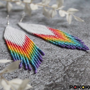 Rainbow beaded earrings Gradient dangle earrings Colorful fringe boho earring Seed bead earring Beadwork earring Long earring Luxury jewelry