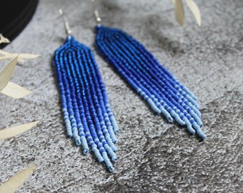 Blue seed bead earrings Evening brilliant shining earrings Fringe beaded earrings Long dangle beadwork earring Boho earring Luxury earring