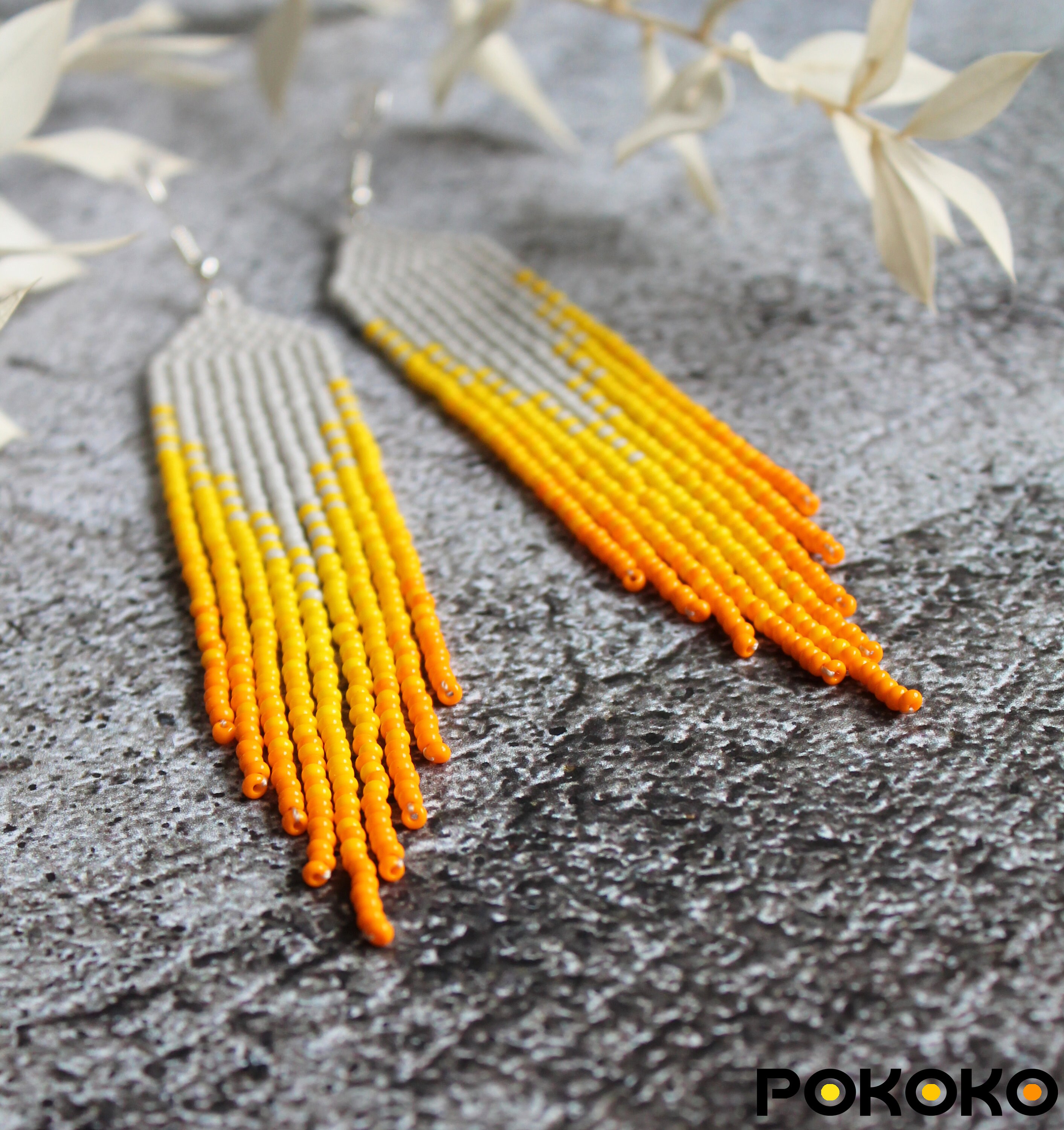 Gray Yellow Beaded Earrings Bright Colorful Earrings Dangle Etsy