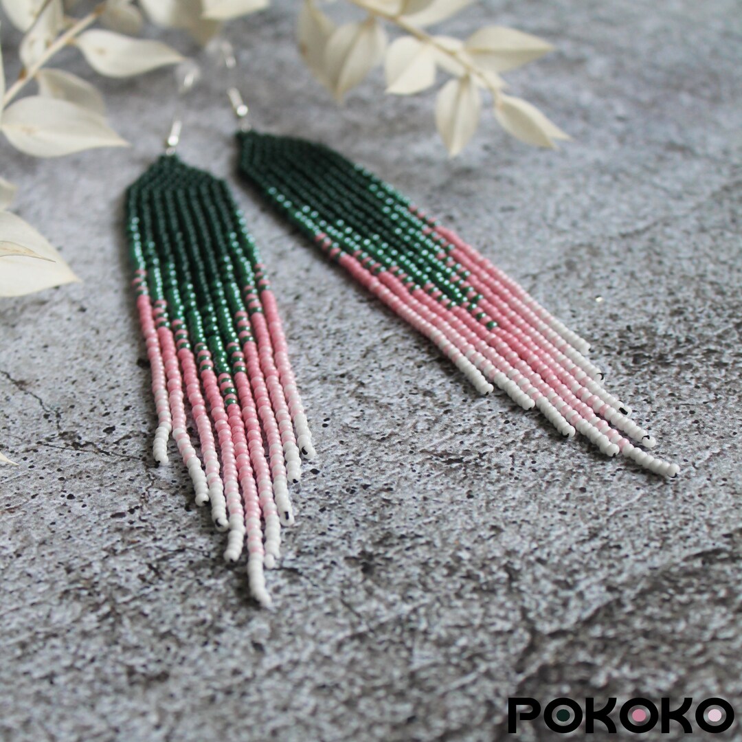 Green Pink Beaded Earrings Fringe Gradient Earrings Seed Bead Earrings ...
