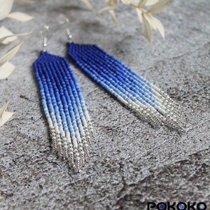 Blue White Seed Bead Earrings: Beaded Ethno Boho Fringe Earrings