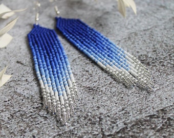 Blue white silver seed bead earrings Evening silver shining earrings Fringe beaded earrings Long dangle beadwork earring Luxury boho earring