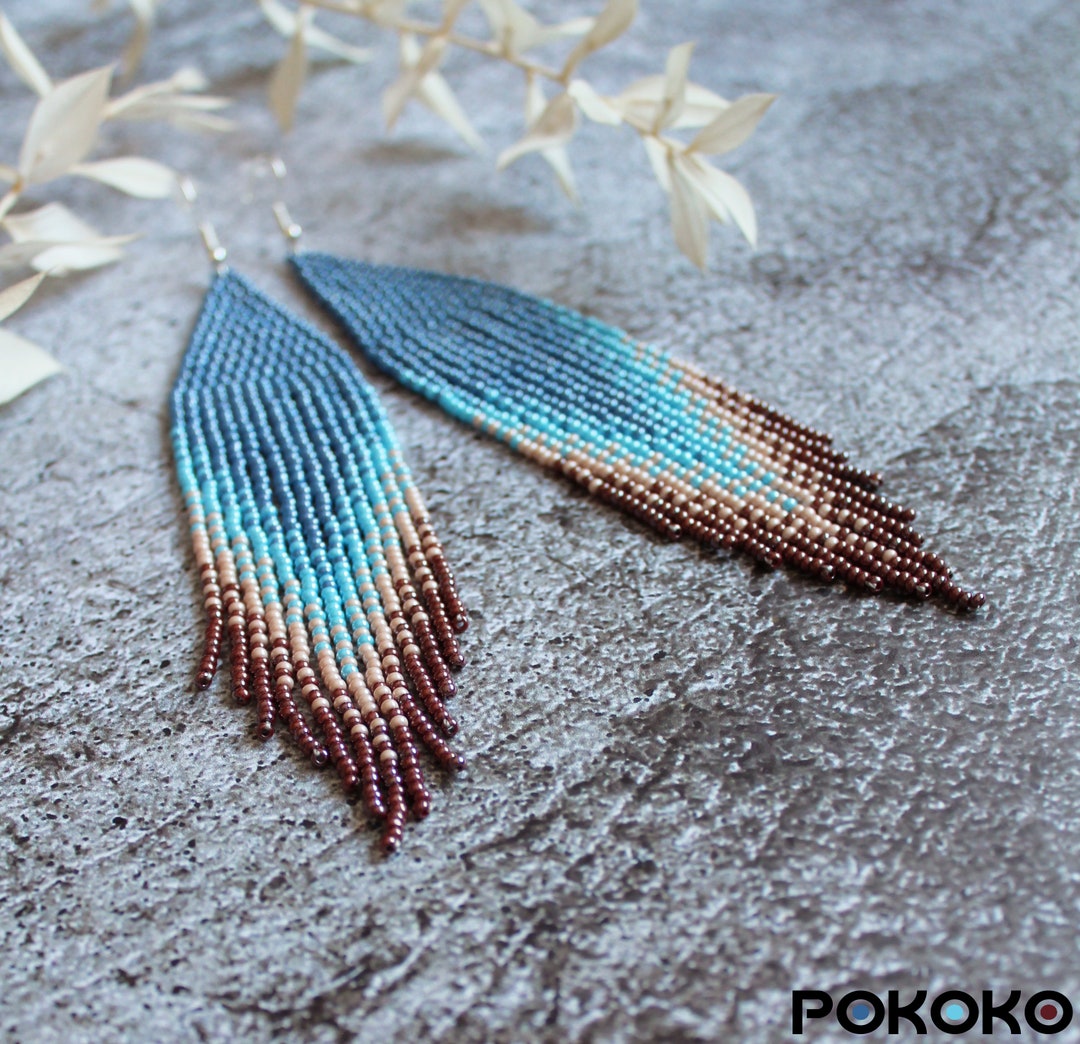 Blue Brown Beaded Earrings Large Earrings Fringe Shining Seed Bead