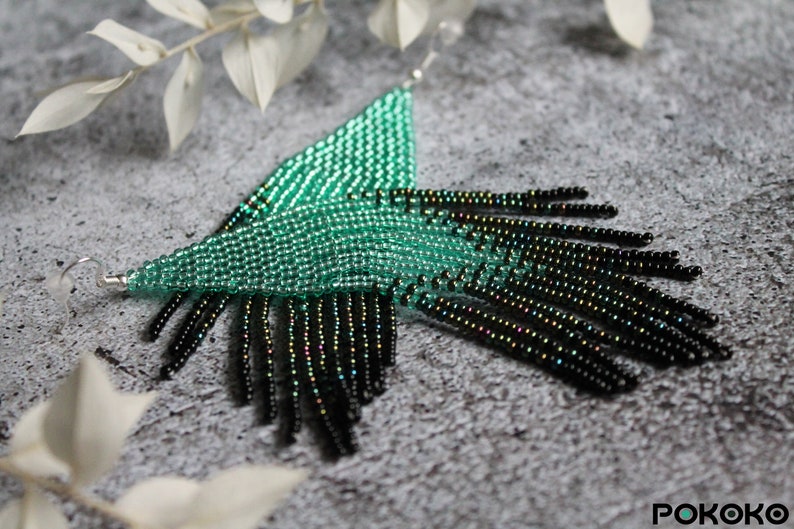 Turquoise shining chic beaded earrings Evening luxury earrings Fringe seed bead earrings Bright beadwork earring Long earrings Boho jewelry