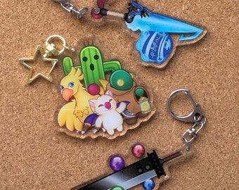 Final Fantasy Acrylic Charm Keychain FF7 Cloud Buster Sword FF10 Tidus Brotherhood Blitzball Mascot Chocobo Tonberry Cactaur Moogle