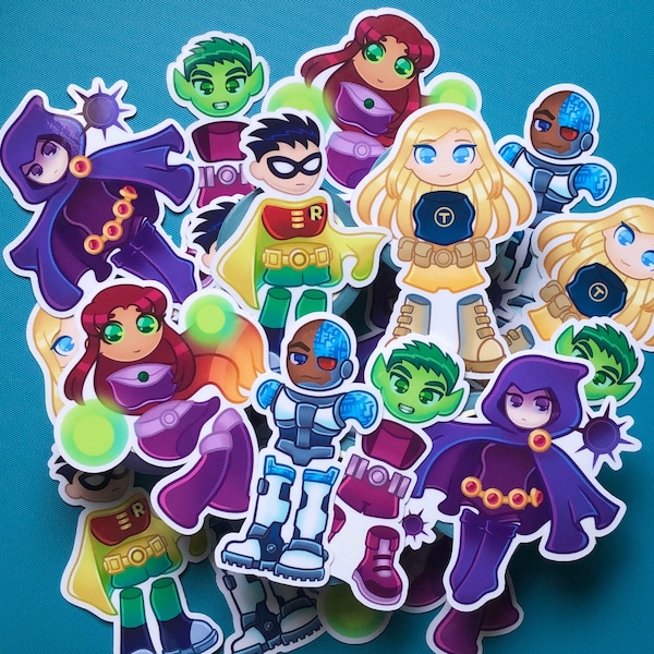 Teen Titans Chibi Sprites Laminated Waterproof Stickers (Starfire, Raven, Terra, Beast Boy, Cyborg, Robin)