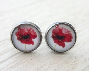 Pink poppy earrings Embroidered earrings Pink poppies studs Gothic earrings Black beads studs Valentine's Day gift