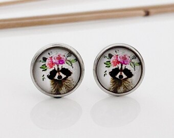 Raccoon Studs, Floral Badger Earrings, Animal Lover Gifts, Everyday Earrings for Vegan