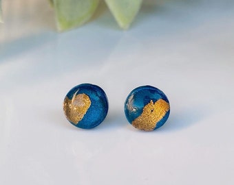 Blue and Gold Minimalist Studs, Hypoallergenic Stainless Steel Earrings, Sky Blue Small Studs