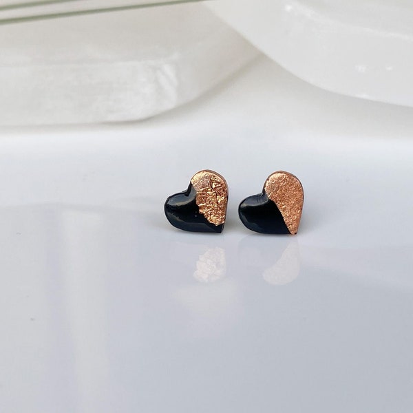 Black and Rose Gold Heart Studs, Minimalist Earrings, Hypoallergenic Stainless Steel