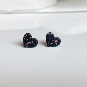 Black and Rose Gold Heart Studs, One Pair Handmade Minimalist Earrings, Hypoallergenic Stainless Steel