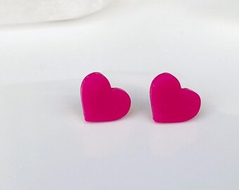 Fuchsia Heart Studs, Bright Pink Earrings