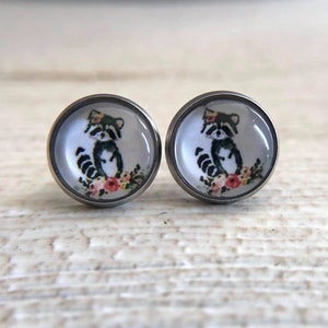 Floral Raccoon Studs: Hypoallergenic Stainless Steel Earrings