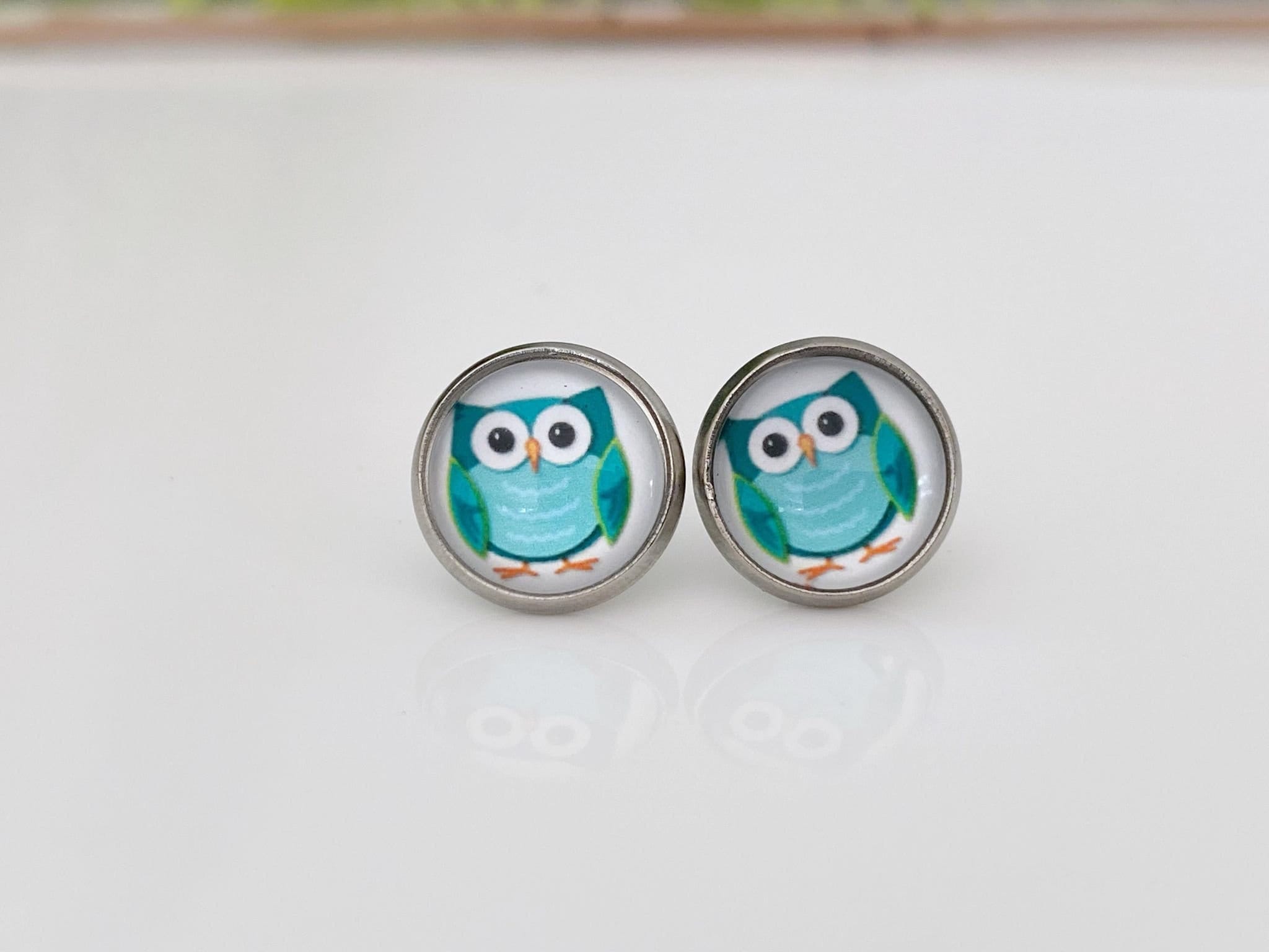 Green Owl Studs, Cartoon Bird Earrings