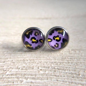 Leopard Print Studs, Purple Animal Statement Earrings, Hypoallergenic Stainless Steel
