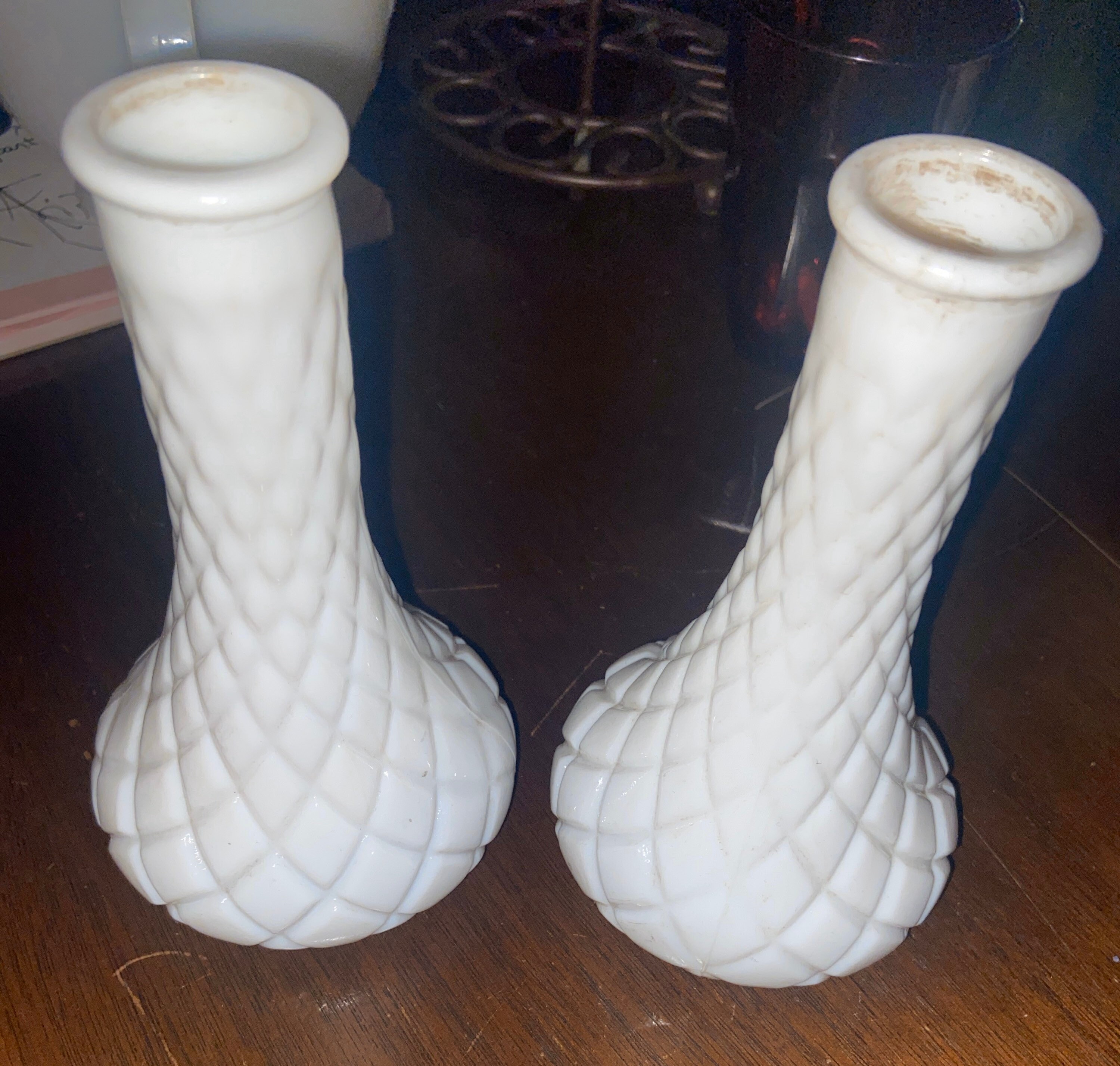 Vintage White Milk Glass Bud Vases Set of 2 Ft. Diamond Etsy