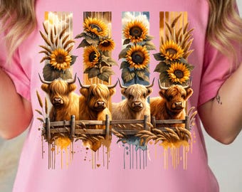 Floral Highland Cow PNG, Coquette Bow, Sunflowers (Digital Download)