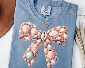 Preppy Coastal Seashell Bow PNG, Pastel Shell Bow Clipart, Pink Blue Beach Girl Aesthetic, Summer Sublimation Design