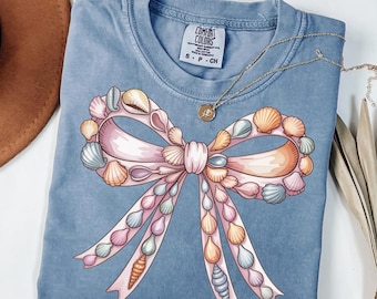 Seashell Coquette Bow PNG, Pink Blue Coastal Bow Design, Summer Beach Aesthetic Sublimation, Feminine Ocean Shell Clipart
