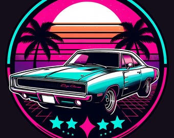 Retro 80s Muscle Car SVG: Neon Badge Clipart, T-Shirt Design (PNG, SVG)