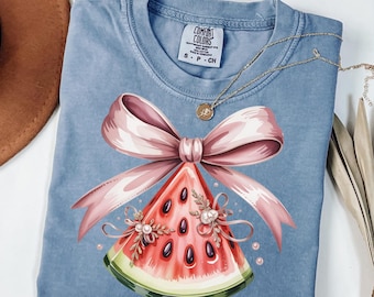Watermelon Bow PNG, Cute Summer Fruit Design, Cottagecore Aesthetic Graphic, Pink Ribbon Shirt Sublimation Download