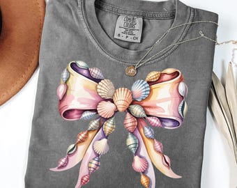 Seashell Coquette Bow PNG,Pink Blue Coastal Bow Design,Summer Beach Sublimation,Pastel Shell Bow Clipart,Trendy Coquette bow Design