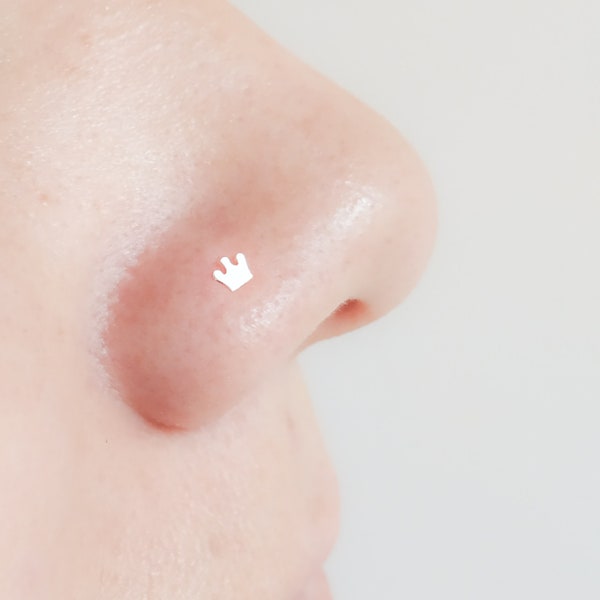 Nose Stud Silver - Tiny Sterling Silver Crown Nose Stud - Nose Stud L Shape - Nose Stud 22g - Flat Nose Stud - Delicate Nose Pin Nose Ring