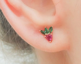 Stud Earrings - Strawberry Earrings - Strawberry Jewellery - Strawberry CZ Crystals Earrings - Fruit Silver Gold Rose Gold Studs