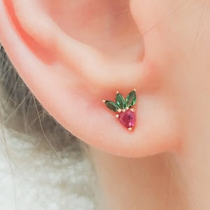 Stud Earrings - Strawberry Earrings - Strawberry Jewellery - Strawberry CZ Crystals Earrings - Fruit Silver Gold Rose Gold Studs