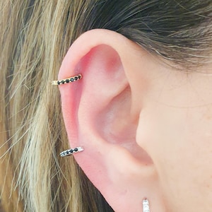 Helix Hoop Earring-Helix Black CZ Diamonds-Helix Earring-Cartilage Piercing-Gold Silver Cartilage Earring-Black Diamonds Hex Earring