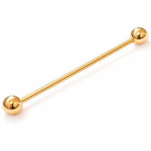 Piercing industrial de oro con barra de 14 g. Piercing industrial de oro con barra de 38 mm. Pendiente de acero quirúrgico 316L.