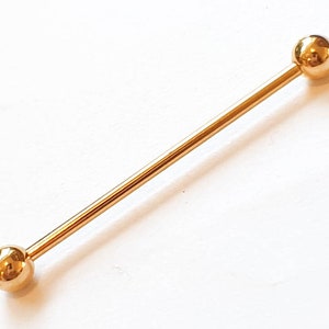 Piercing industrial clásico dorado de 16 g, 35 mm, acero quirúrgico 316L.