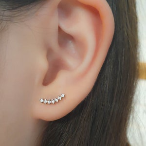 Stud Earrings-Curved Stud Earrings-Silver Stud Earrings-CZ Curved Stud Earrings-Curved Bar Studs-Hypoallergenic -Tiny Climber Earrings