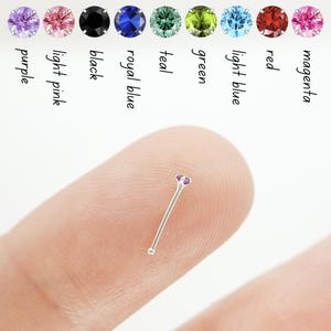 Può includere: Un primo piano di un anello per il naso in argento con una piccola pietra preziosa viola. L'anello è su un dito.